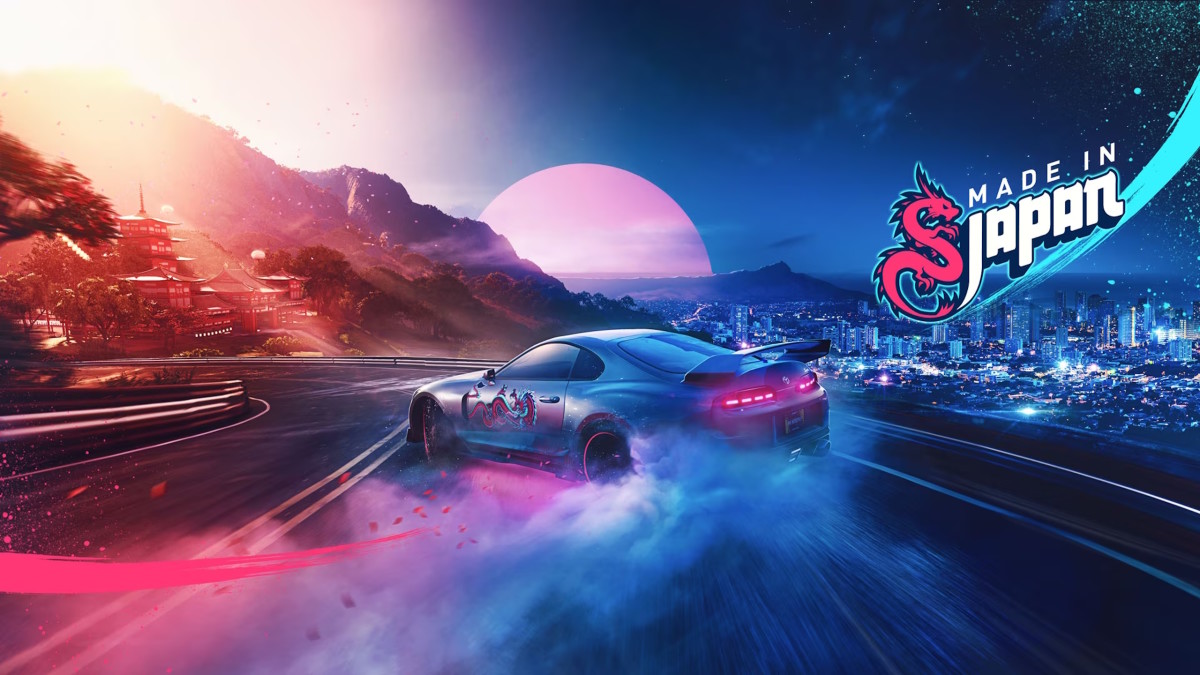 The Crew Motorfest preview: A car lit by blue neon lights is drifting along a sharp curve, with the words "Made in Japan" displaying on the right